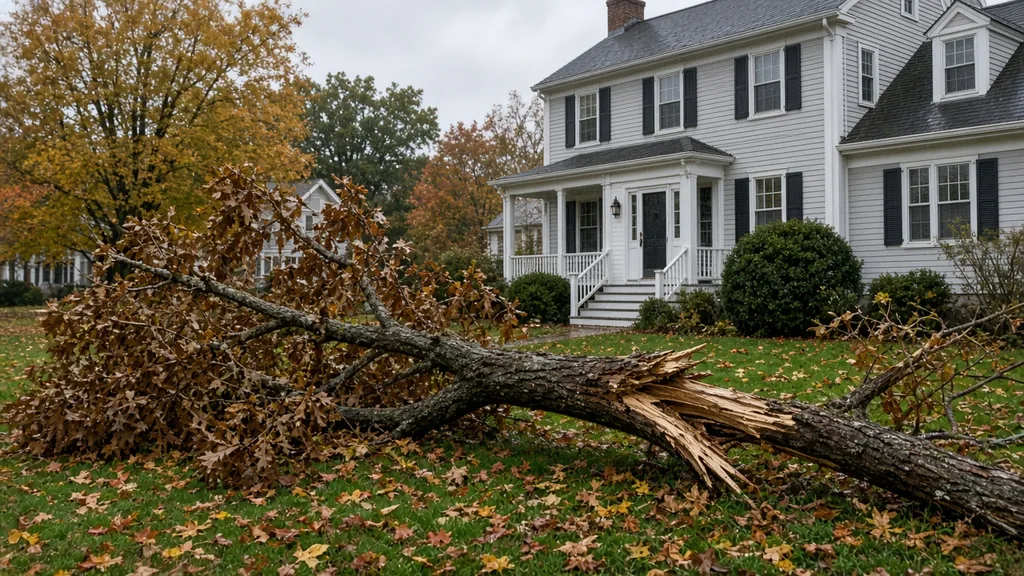 Storm-toppled tree lying across the front lawn of a white colonial house